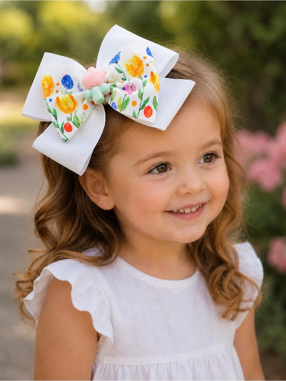Girls Multicolor Floral Tulip Hair Bow Large Grosgrain Ribbon Alligator Clip